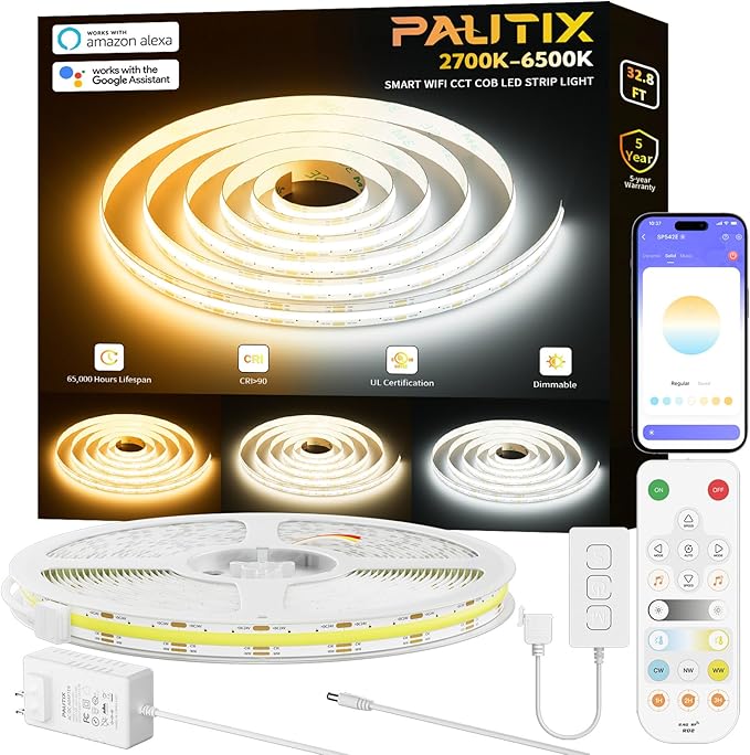 PAUTIX 24V CCT COB LED Strip Lights Kit, 32.8ft,Work with Alexa/Google Assistant