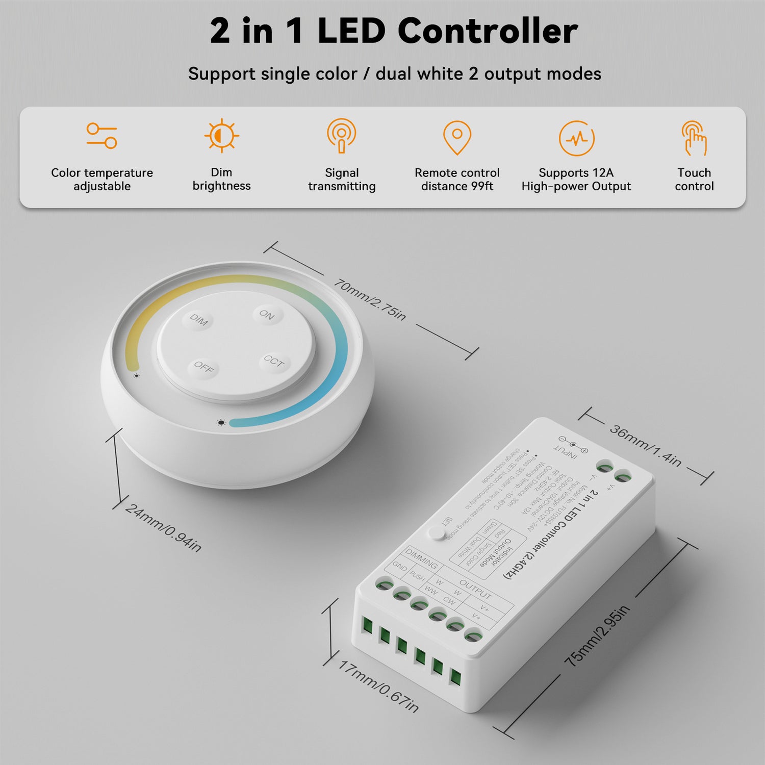  PAUTIX Controller Kit,2.4G RF Wireless Remote Control,2in-1 LED Controller/Dimmer,for Single Color+CCT LED Strip Light(without Battery)