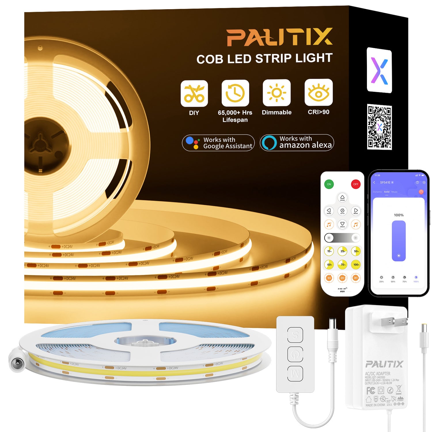 PAUTIX 24V COB LED Strip Lightd Kit, 32.8ft/10m 2700K,Work with Alexa/Google Assistant