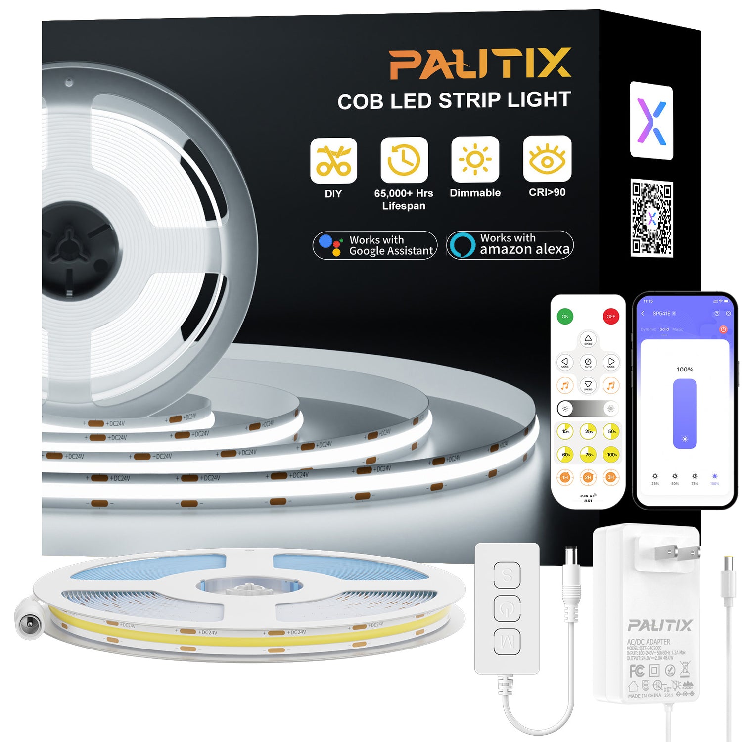 PAUTIX 24V COB LED Strip Lights Kit, 32.8ft/10m 6000K,Work with Alexa/Google Assistant