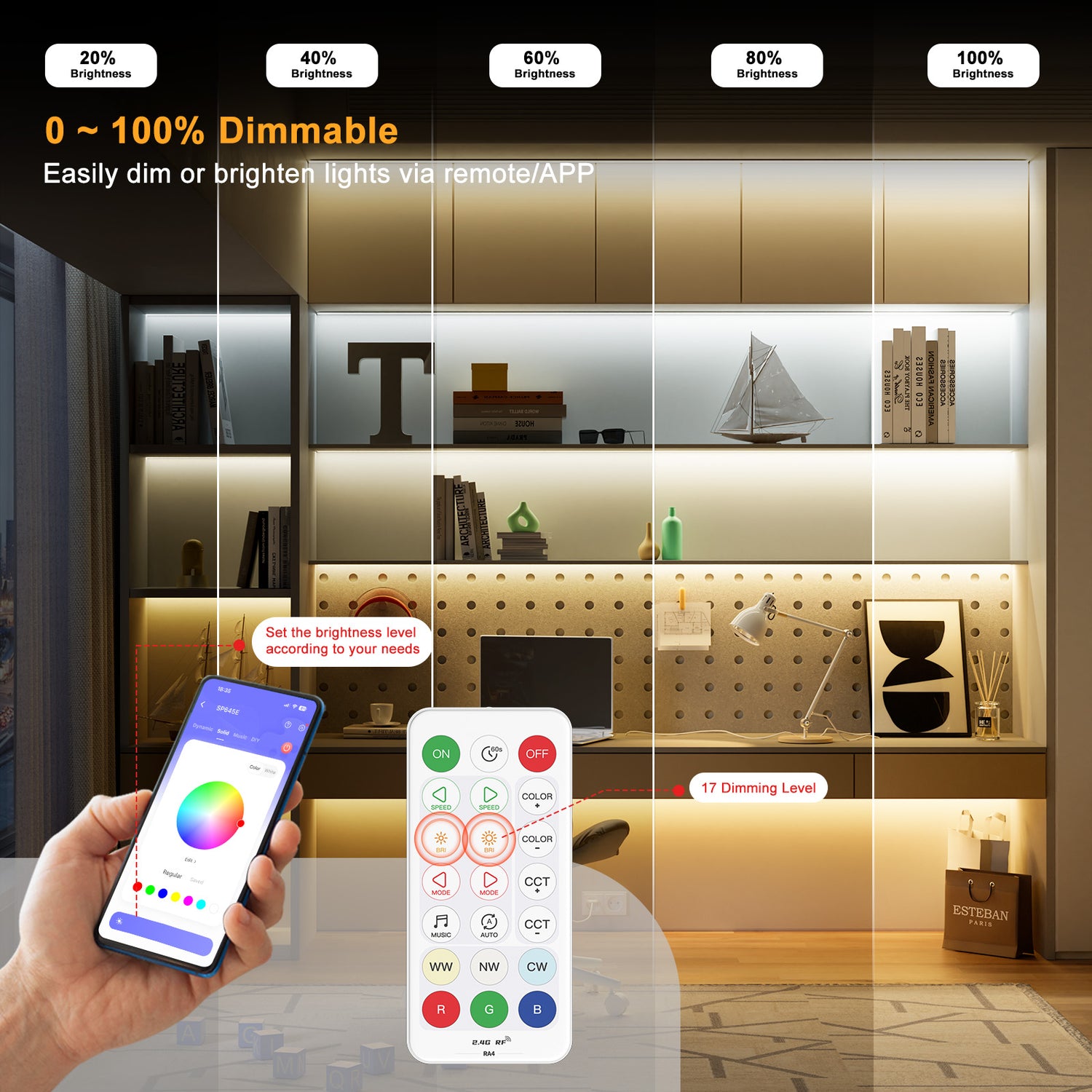 PAUTIX Controller Kit SP645E,2.4G RF Wireless Remote Control and Controller/Dimmer,for 6-Pin RGB+CCT LED Strip Light(without Battery)