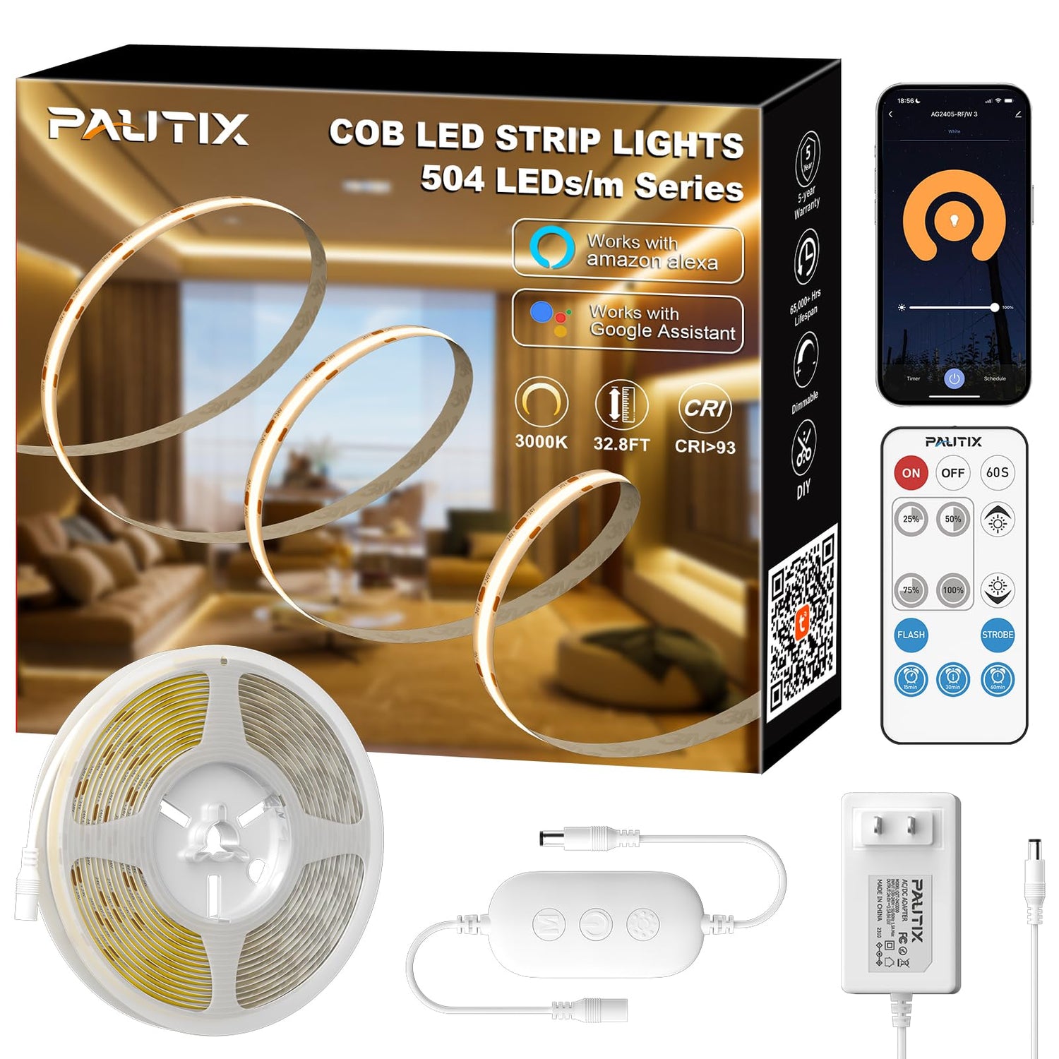 PAUTIX 24V COB LED Strip Lights Kit,32.8ft/10m 3000K,Work with Alexa/Google Assistant
