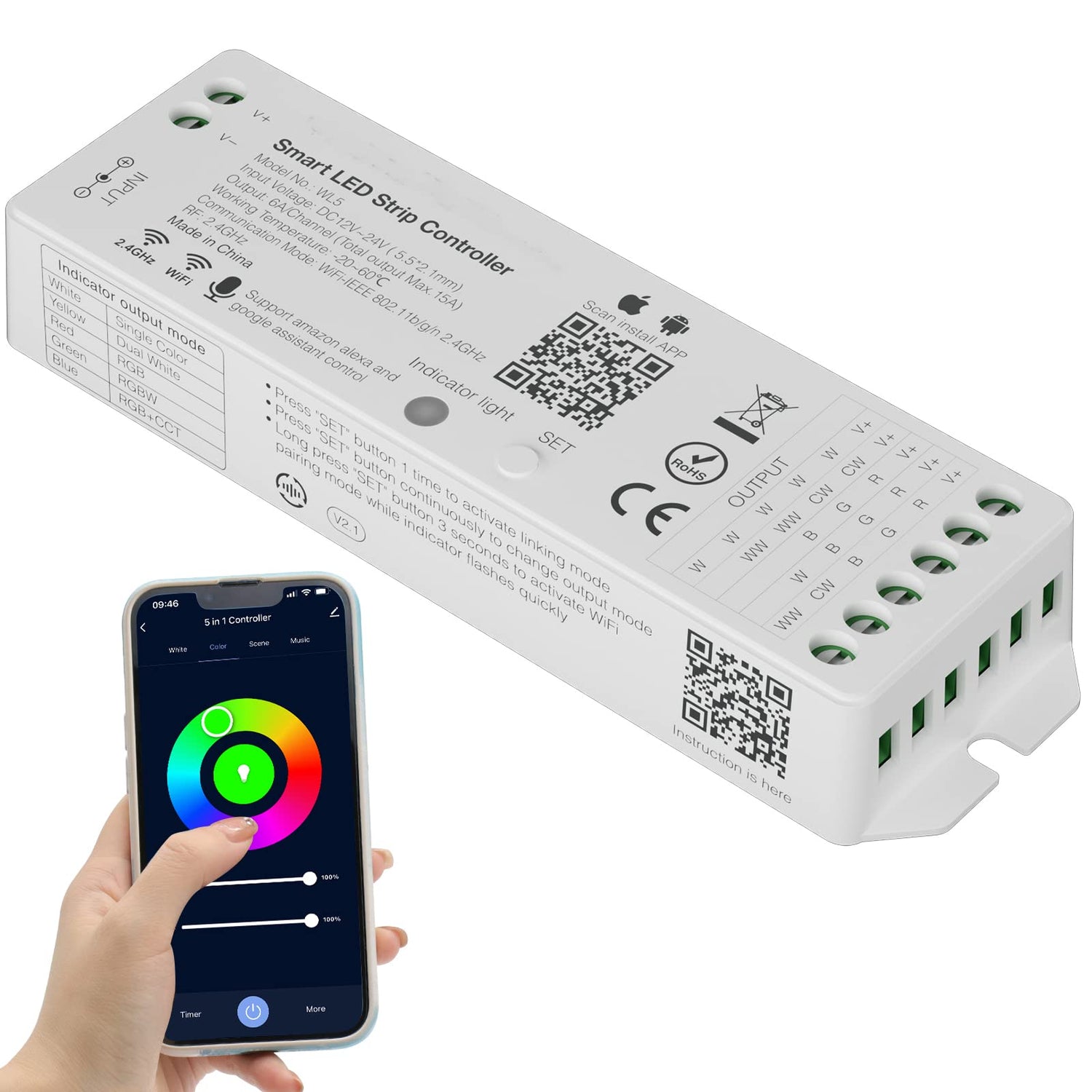 PAUTIX WiFi 5-in-1 LED Controller Dimmable for Monochrome CCT RGB RGBW RGBCCT LED Strip Lights