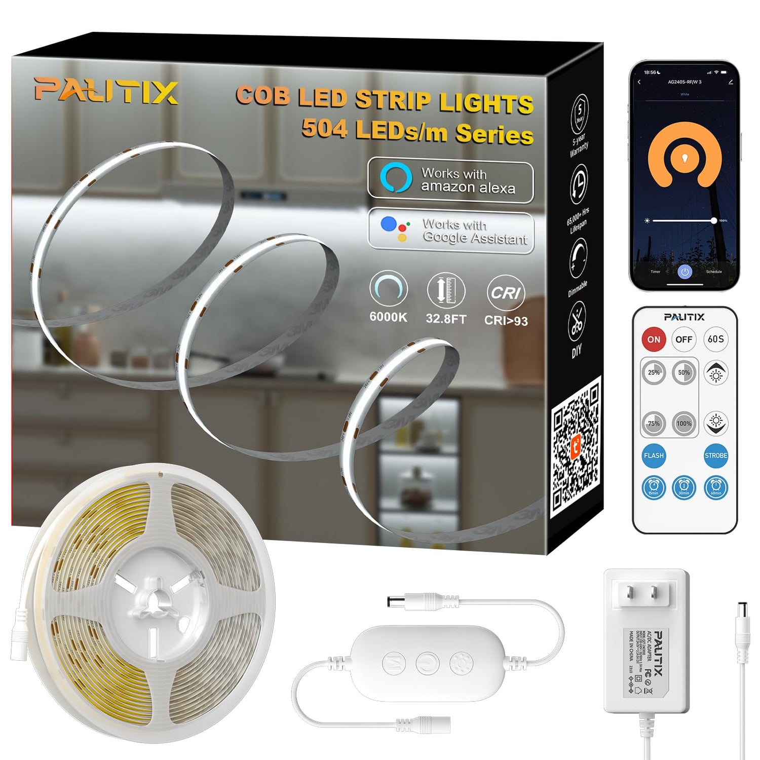 PAUTIX 24V COB LED Strip Lights Kit, 32.8ft/10m 6000K,Work with Alexa/Google Assistant