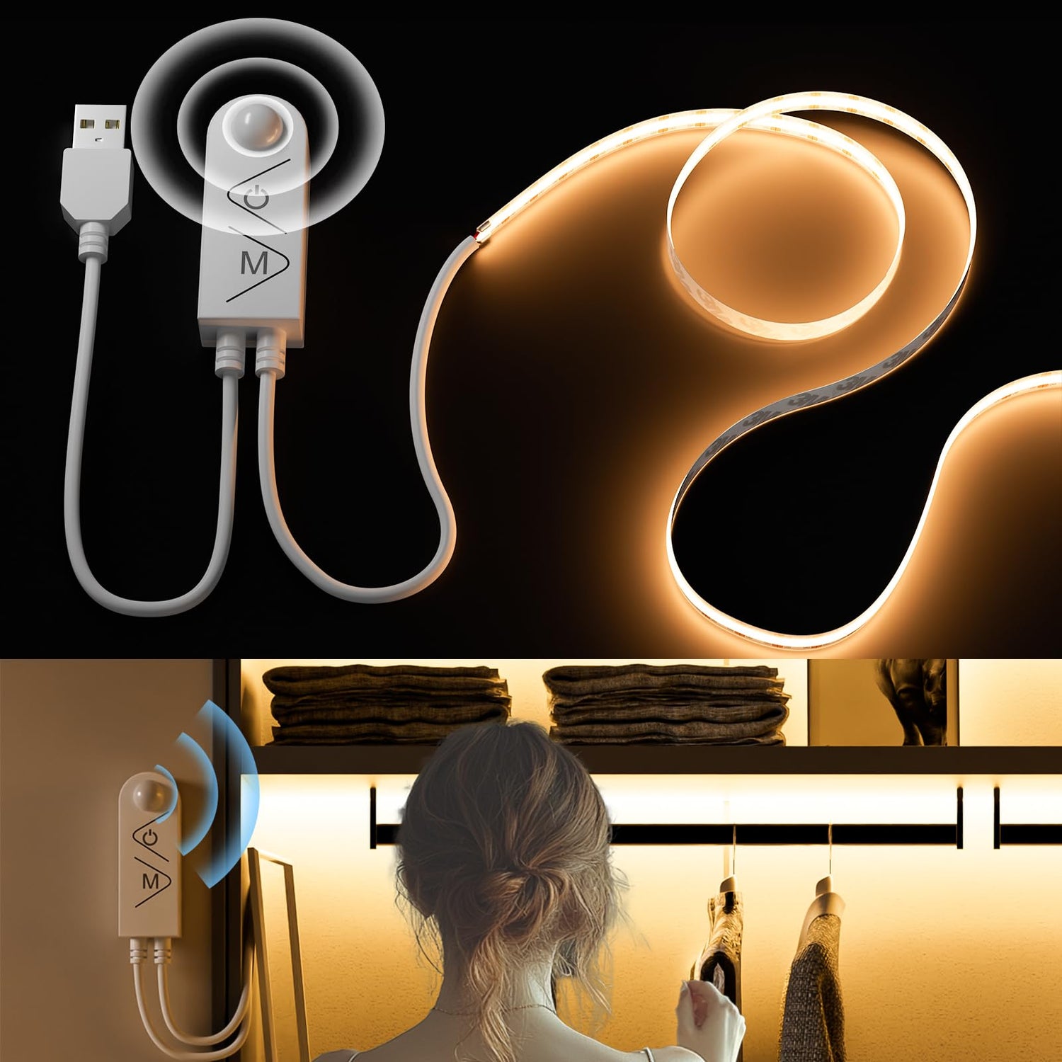 PAUTIX 5V USB COB LED Strip Lights with Motion Sensor, 9.84ft/3m Dimmable 2700K