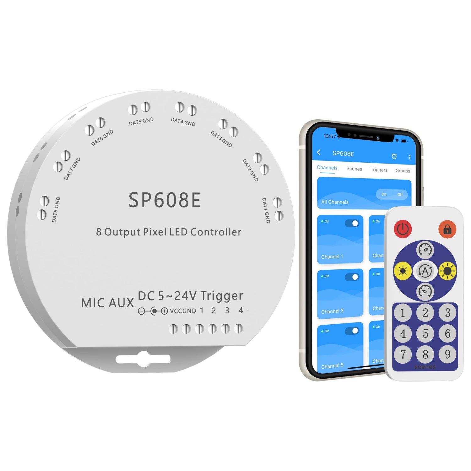PAUTIX SP608E Bluetooth SPI Controller with 8 Signal Outputs for Work with RGB Smart IC COB LED Strips