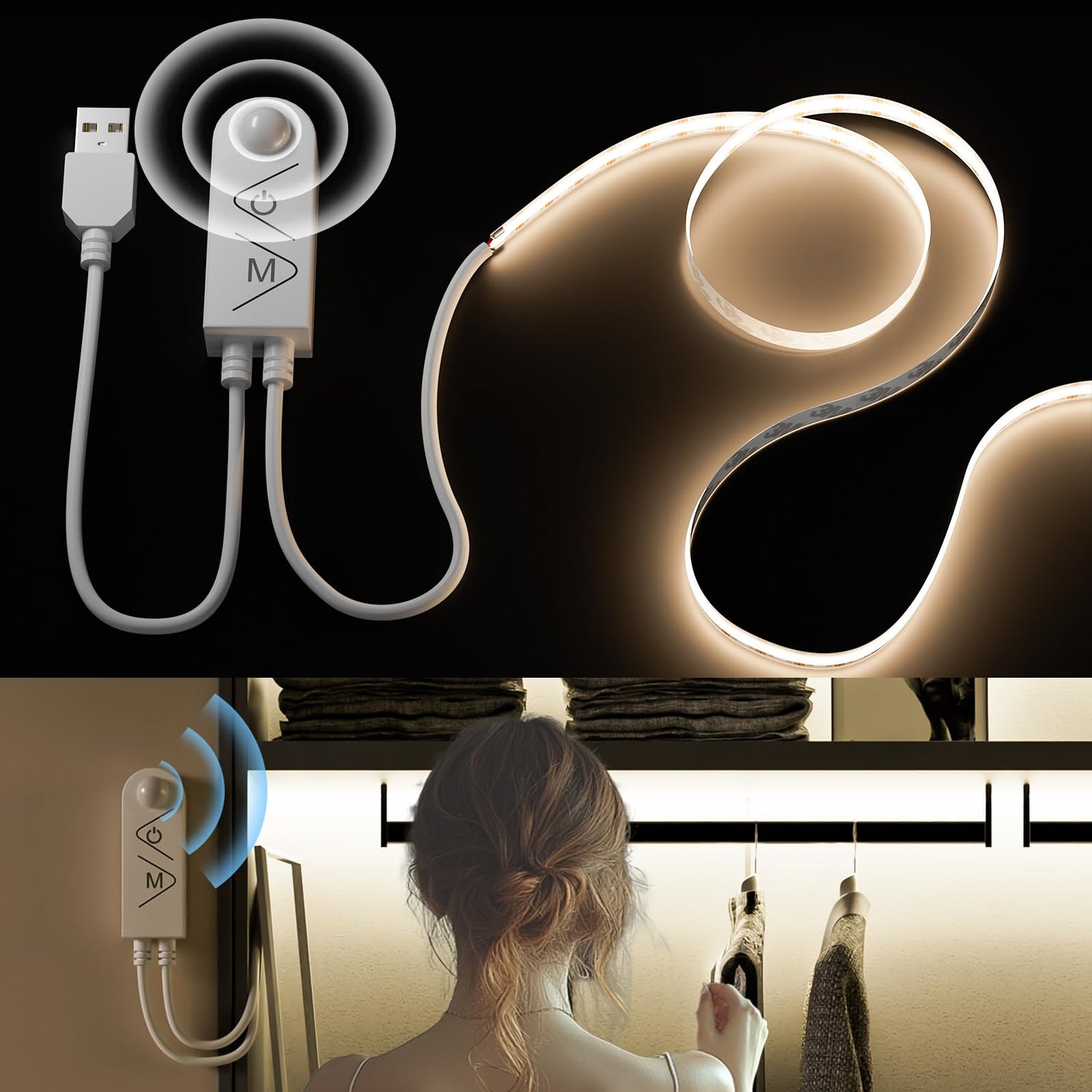 PAUTIX 5V USB COB LED Strip Lights with Motion Sensor,9.84ft/3m Dimmable 4000K