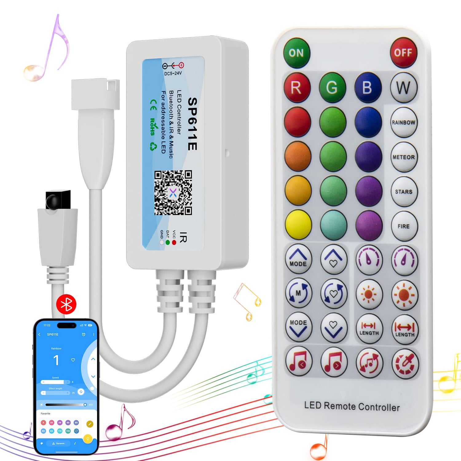 PAUTIX SP611E Bluetooth Music Pixel LED Smart Controller Kit,for Addressable RGB LED Strip with Smart IC
