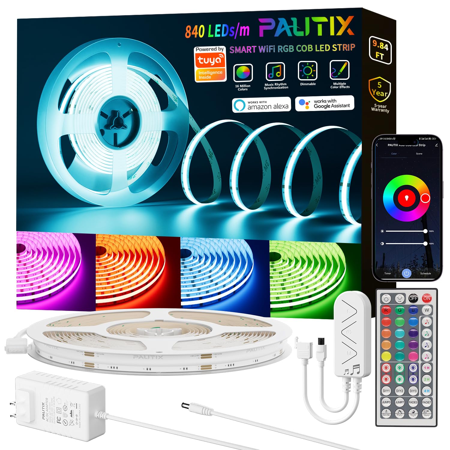PAUTIX 24V RGB COB LED Strip Lights Kit,9.84ft/3m,Work with Alexa/Google Assistant/Tuya