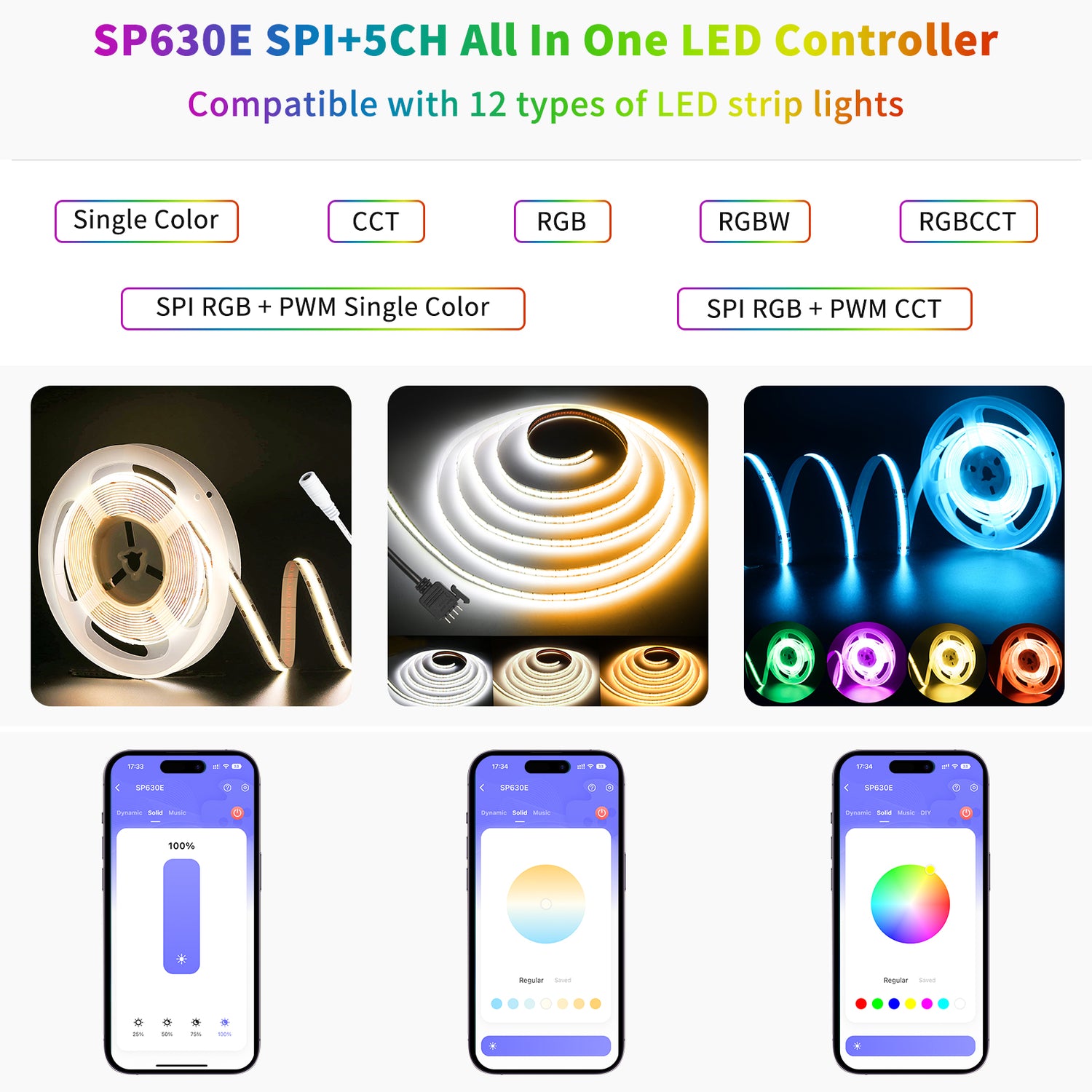 PAUTIX 12-in-1 Bluetooth LED Controller Addressable SP630E,Almost All LED Strip Lights