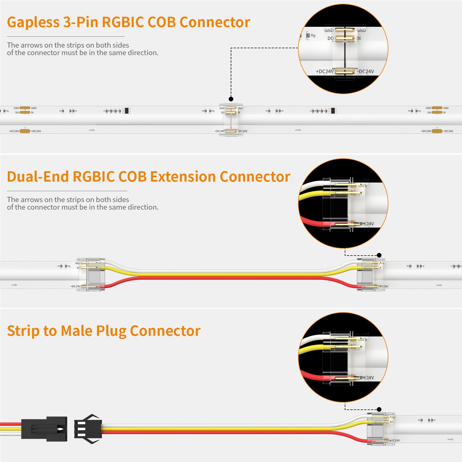 PAUTIX 12mm 3-Pin Connectors Kit for RGB Smart IC COB LED Strip Light