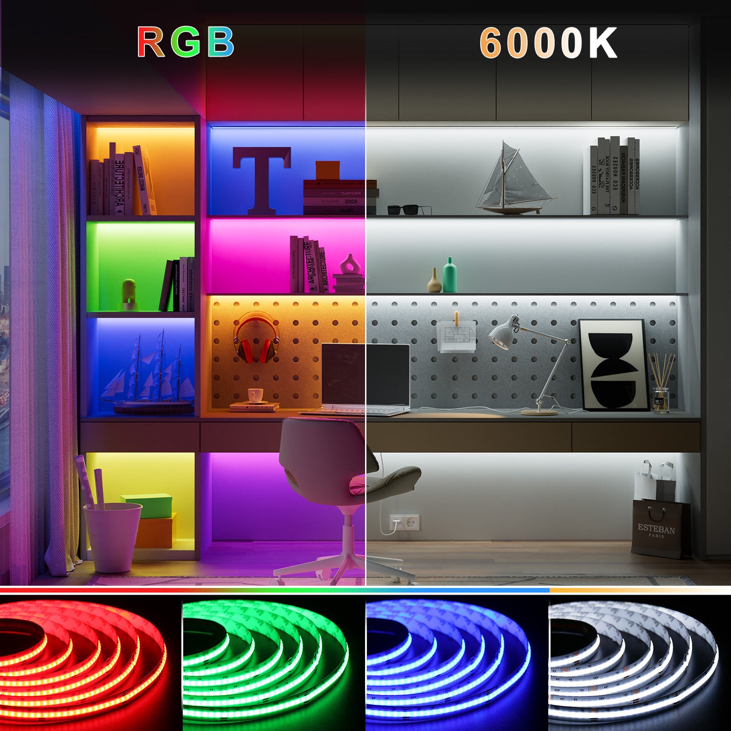 PAUTIX 24V 6000K RGBW COB LED Strip Lights,20ft/6.1m