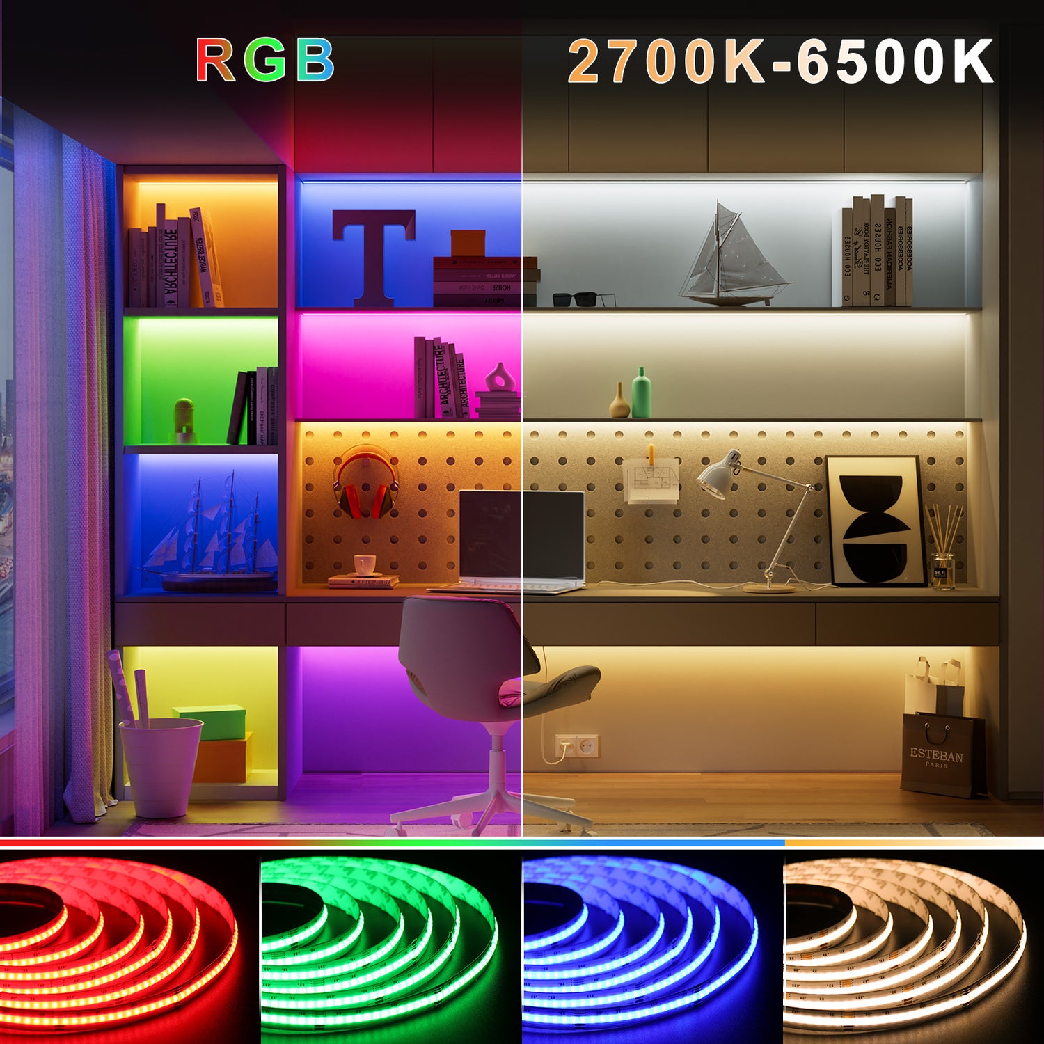 PAUTIX 24V RGB+CCT COB LED Strip Lights, 24ft/7.5m Color Temperature 2700K-6500K