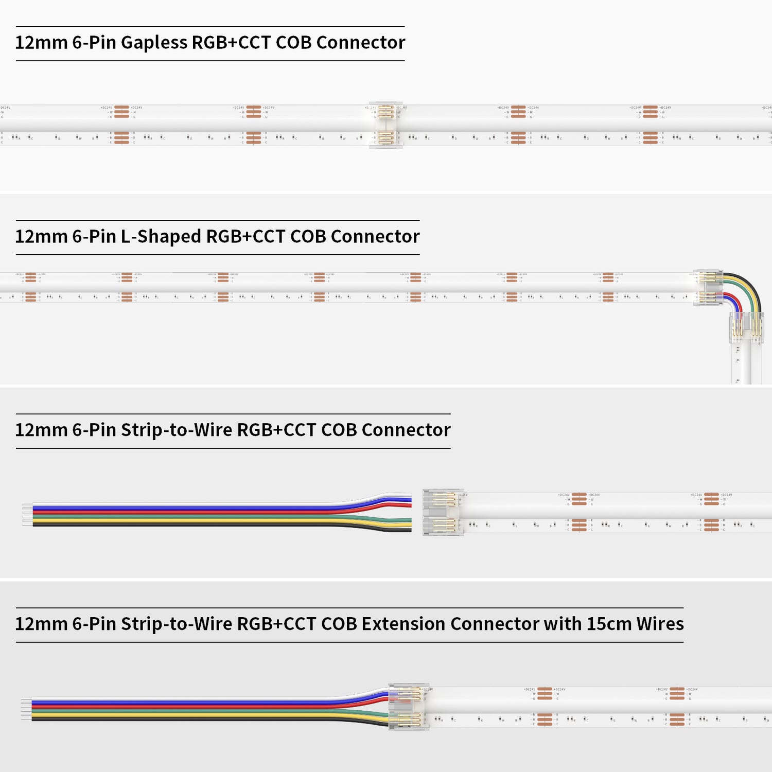PAUTIX 12mm 6-Pin Connectors Kit for RGB+CCT COB LED Strip Light