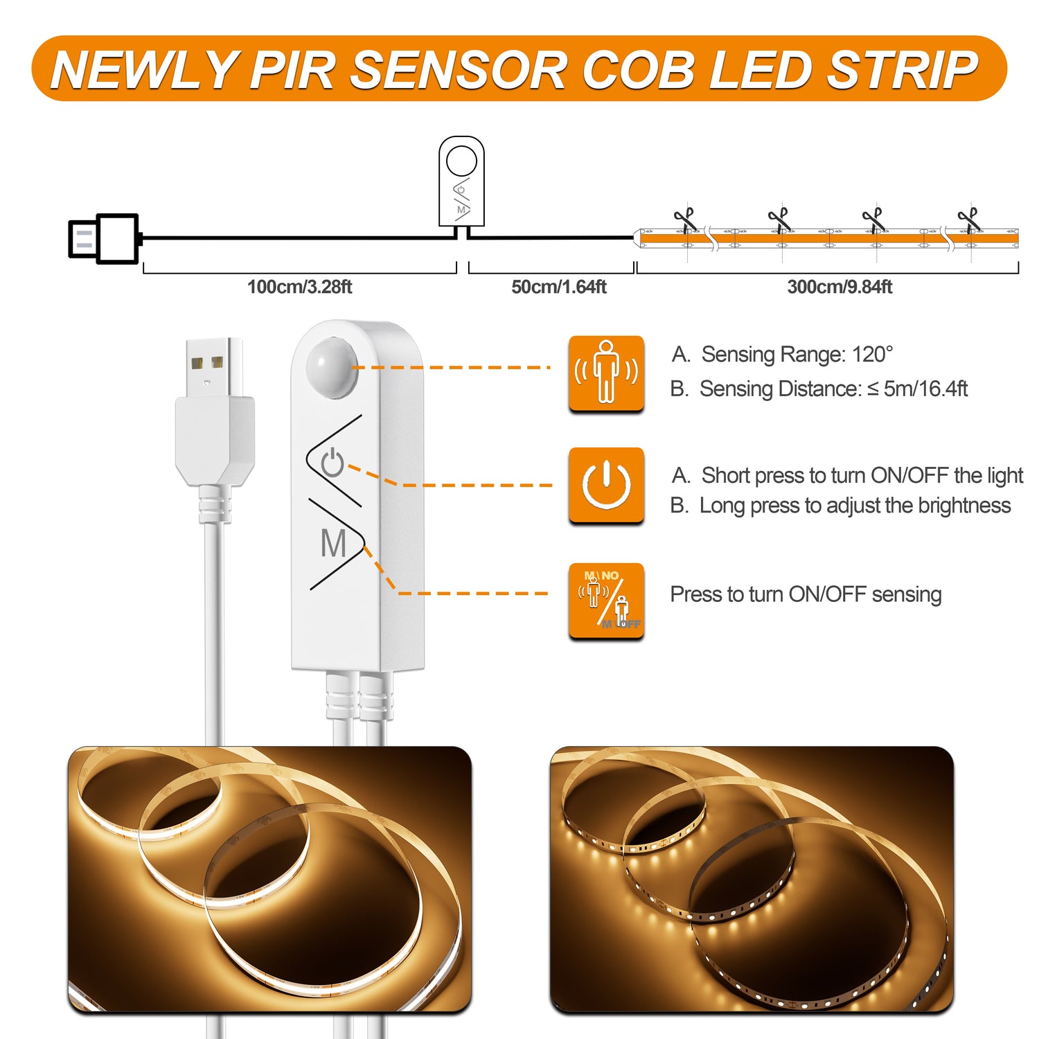 PAUTIX 5V USB COB LED Strip Lights with Motion Sensor, 6.56ft/2m Dimmable 2700K