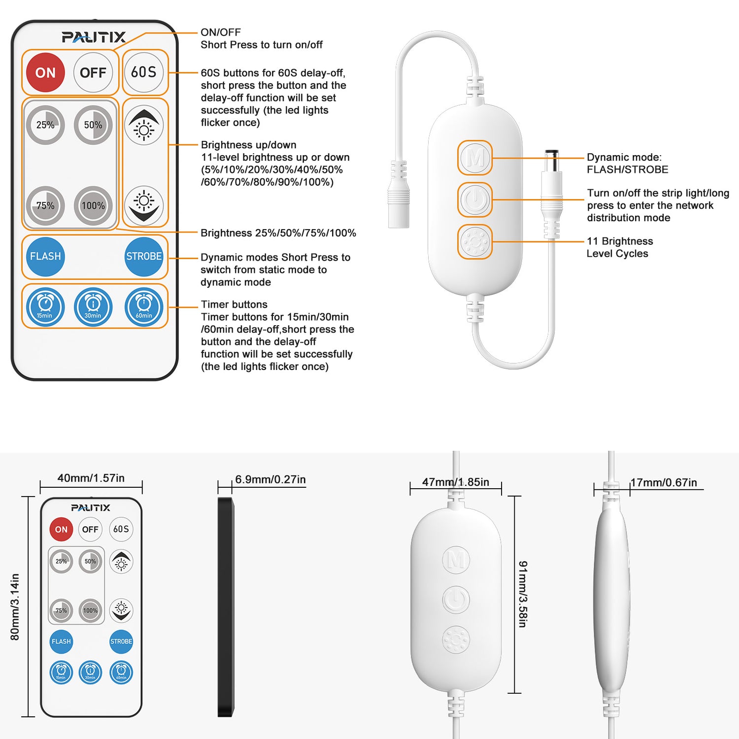 PAUTIX 14-Key Wireless Remote,DC12-24V Controller Kit for 3528/2835/5050 Single Color COB LED Strip Lights,Work with Alexa and Google