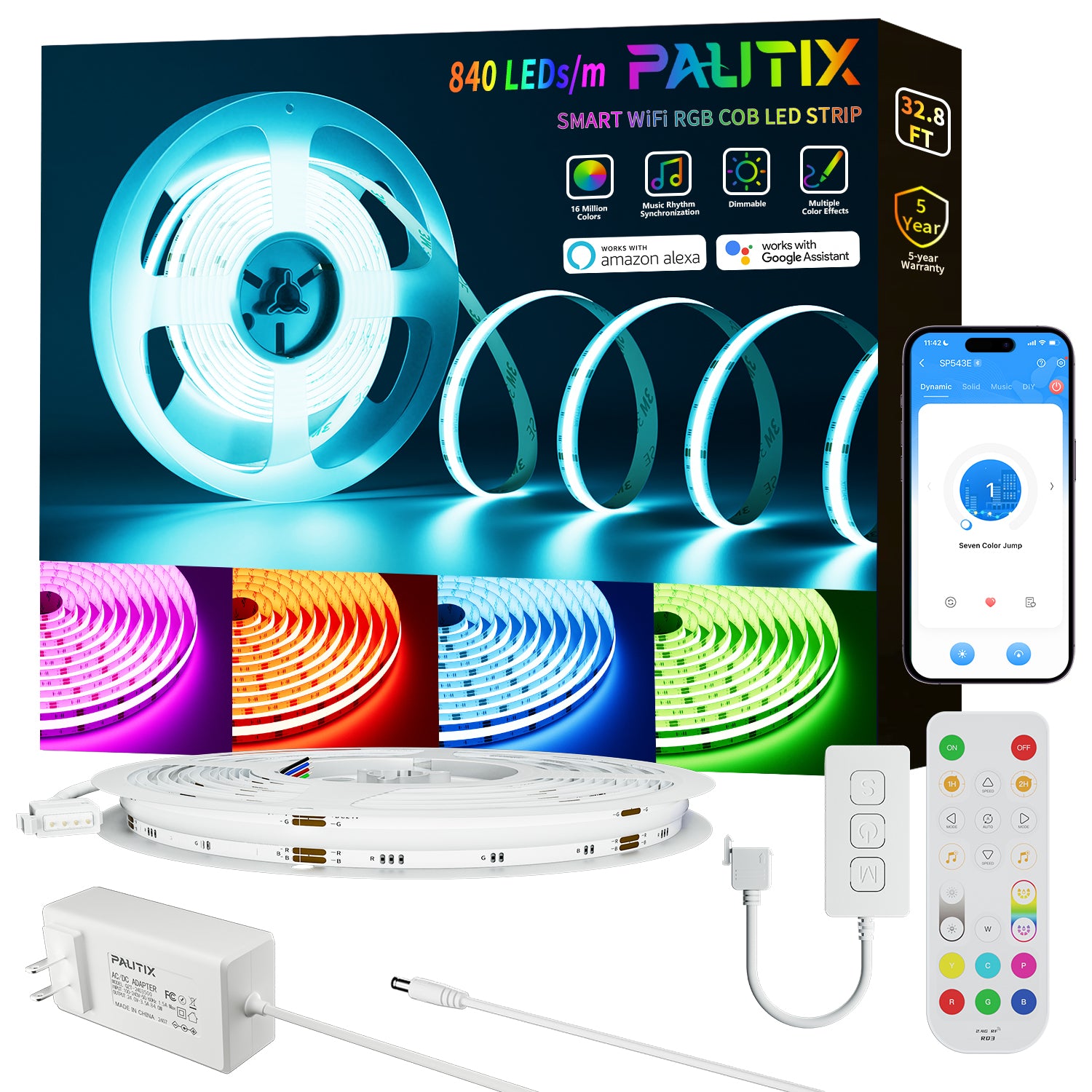 PAUTIX 24V RGB COB LED Strip Lights Kit, 32.8ft/10m,Work with Alexa/Google Assistant