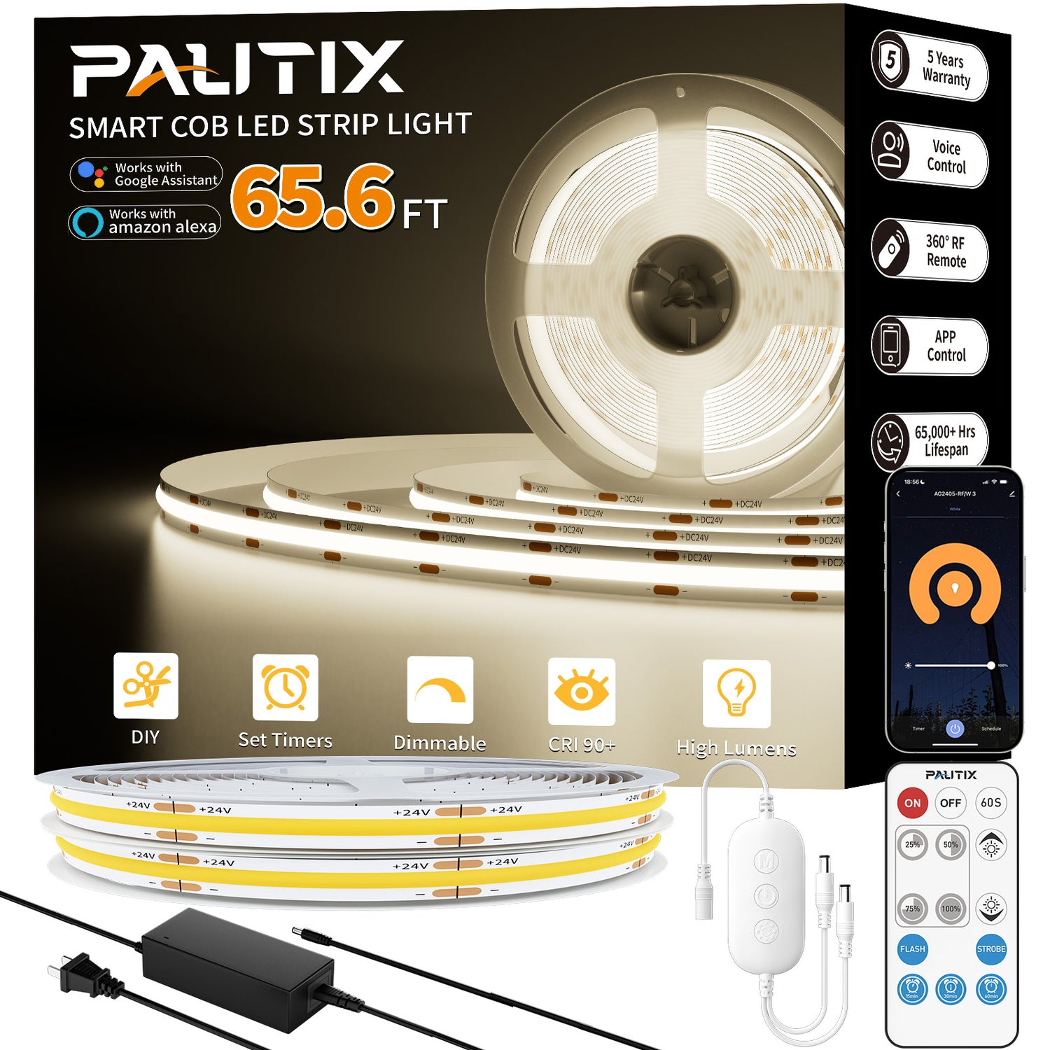 PAUTIX 24V COB LED Strip Lights Kit, 65.6ft/20m,4000K,Work with Alexa/Google Assistant