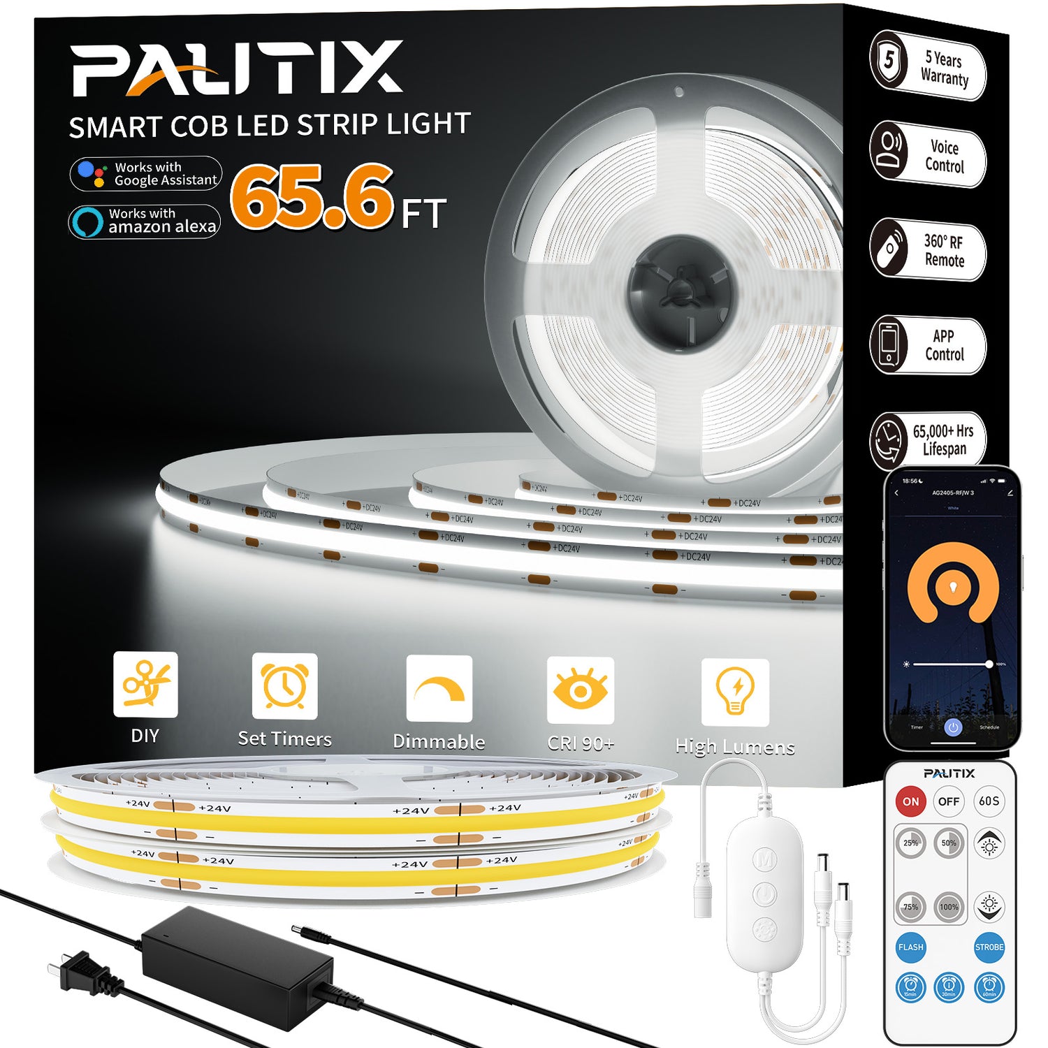PAUTIX 24V COB LED Strip Lights Kit, 65.6ft/20m,6000K,Work with Alexa/Google Assistant