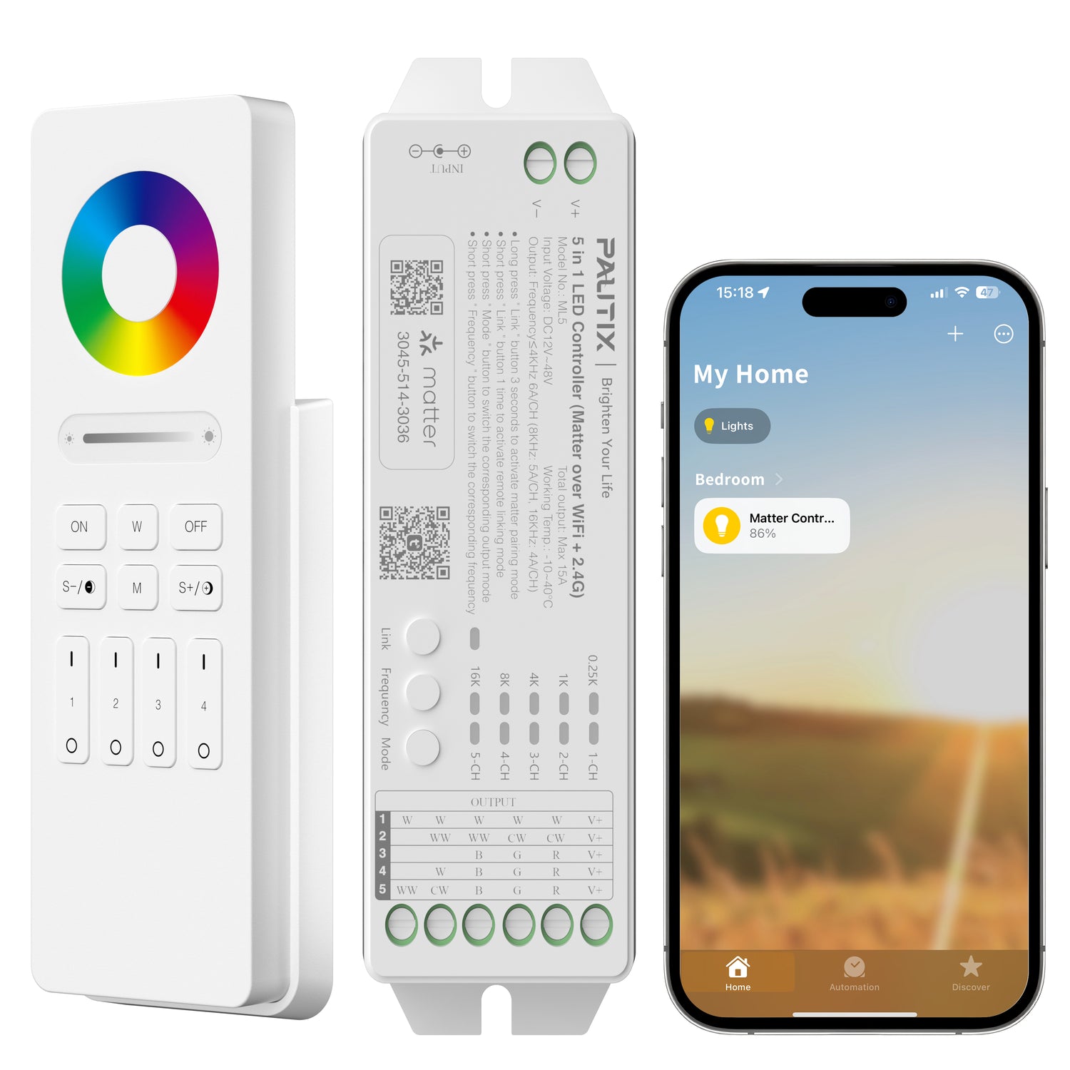 PAUTIX ML5 Matter LED Controller – Tuya/HomeKit/Alexa/Siri, DC12-48V Dimmable