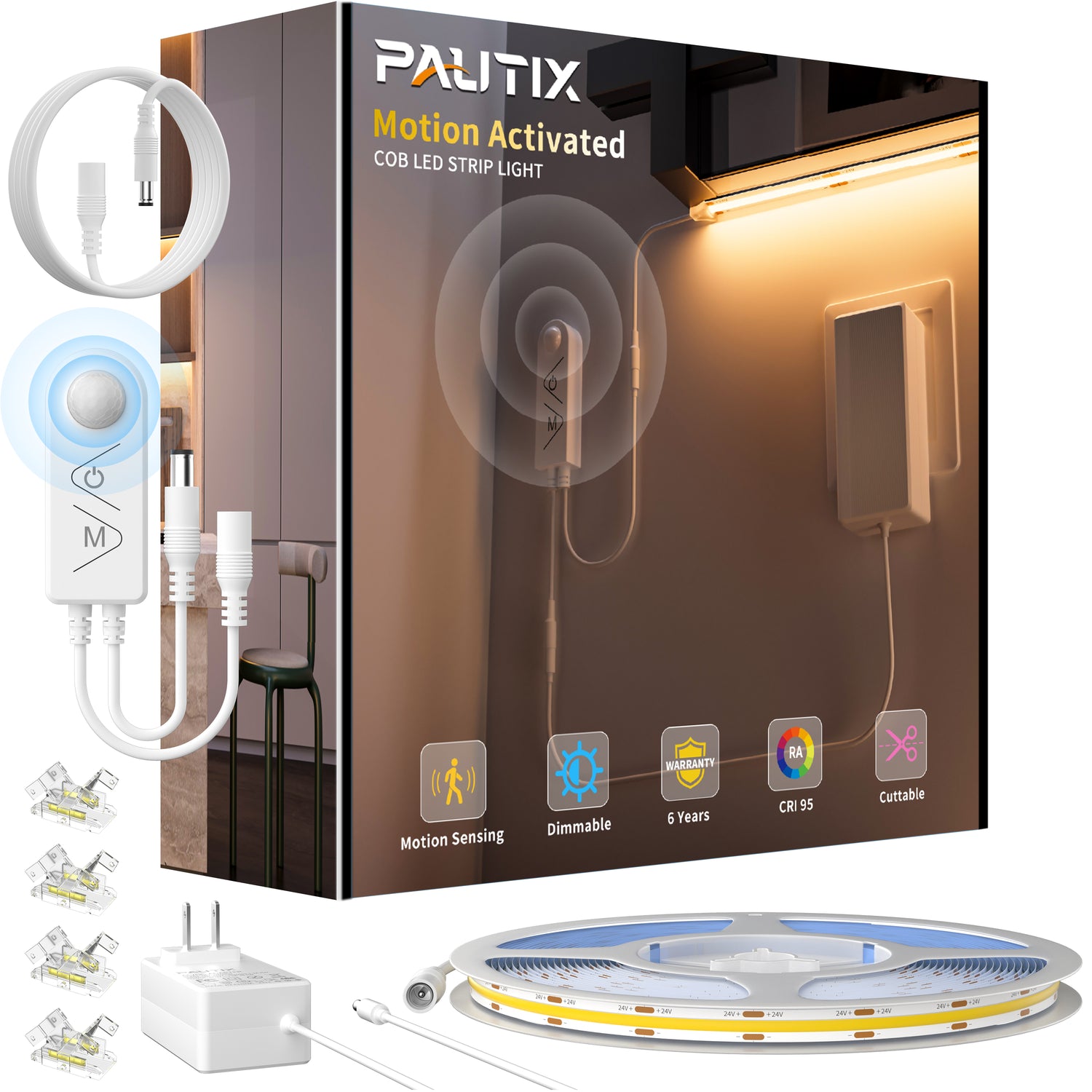 PAUTIX 24V Motion Sensor COB LED Strip Lights,20ft/6.1m,with Dual Lighting Mode