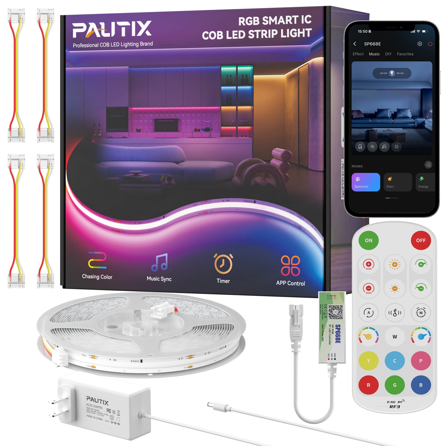 PAUTIX RGB Smart IC SP668E COB LED Strip Kit, Addressable, Music Sync, UL-Listed, 20ft