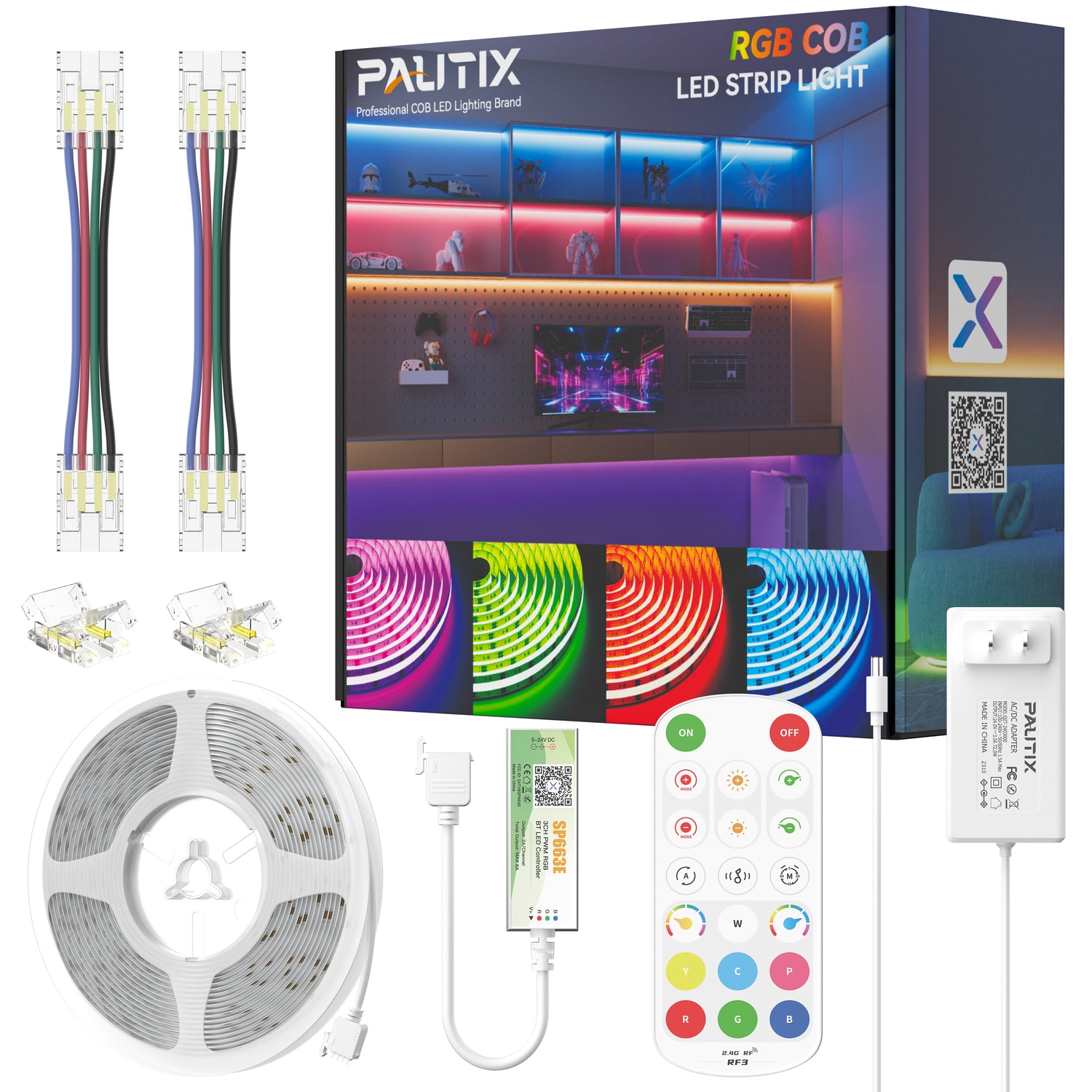 PAUTIX S-COB RGB LED Strip Light, Multicolor with RF Remote, 24V 20ft/6.1m