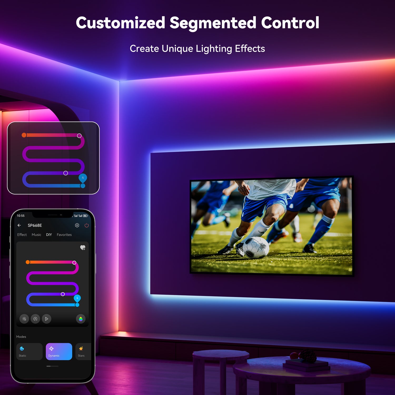 PAUTIX RGB Smart IC SP668E COB LED Strip Kit, Addressable, Music Sync, UL-Listed, 20ft